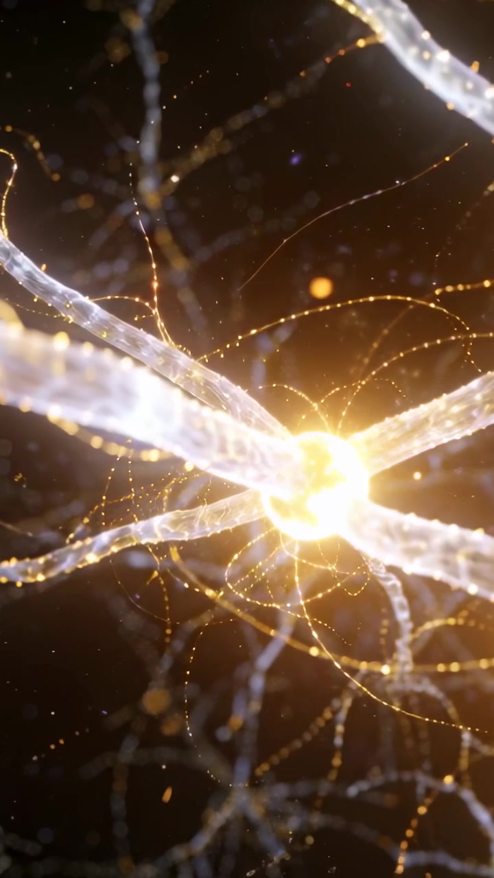 Video verticale: Nodo luminoso che brilla nel vuoto, punti dorati a spirale che orbitano attorno a tubi mostrando attività