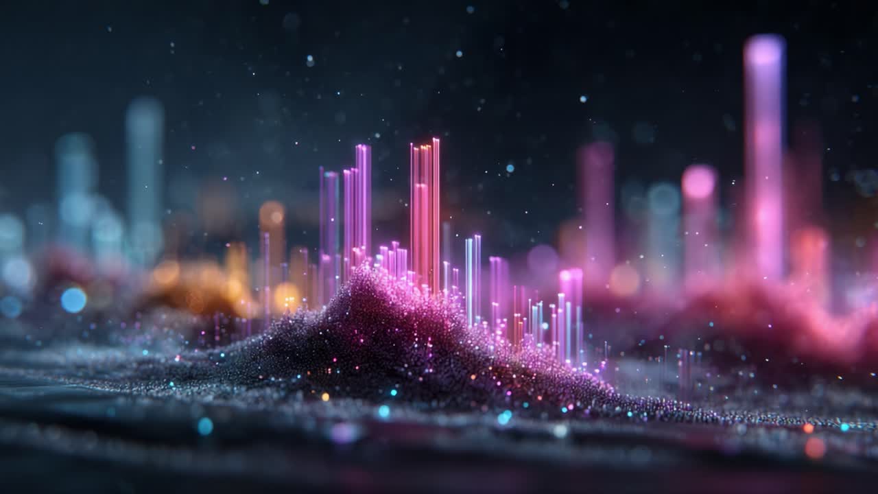 An Abstract Visualization of Vibrant Structures Rising from a Dreamlike Landscape, Illuminated by a Multicolored Spectrum in an Artistic Digital Realm