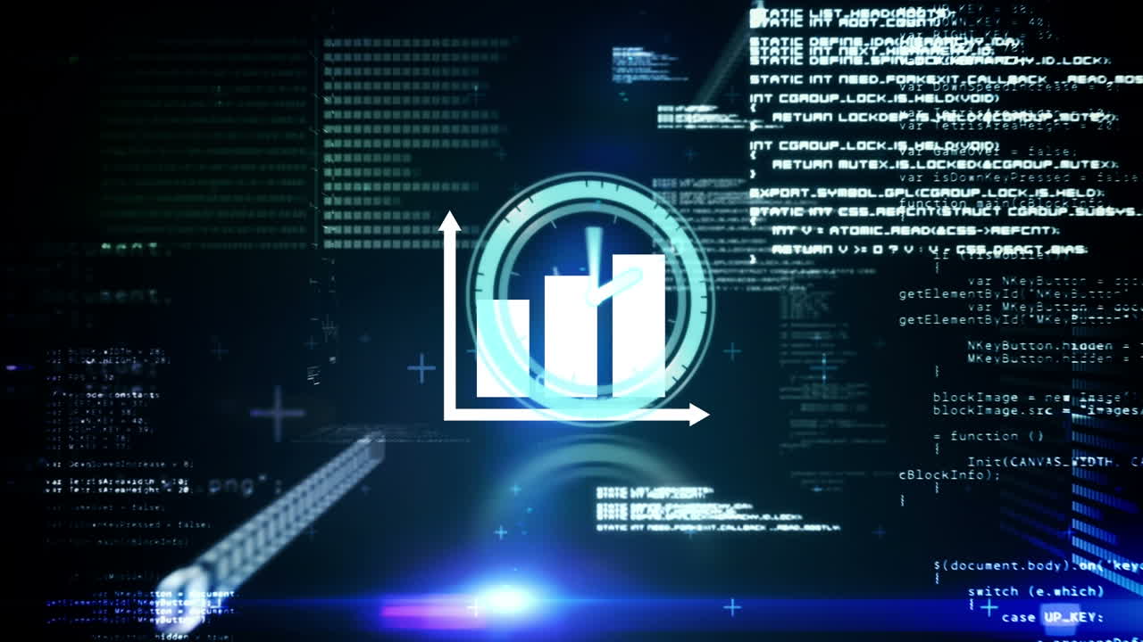 Animation of clock over science data processing on dark background