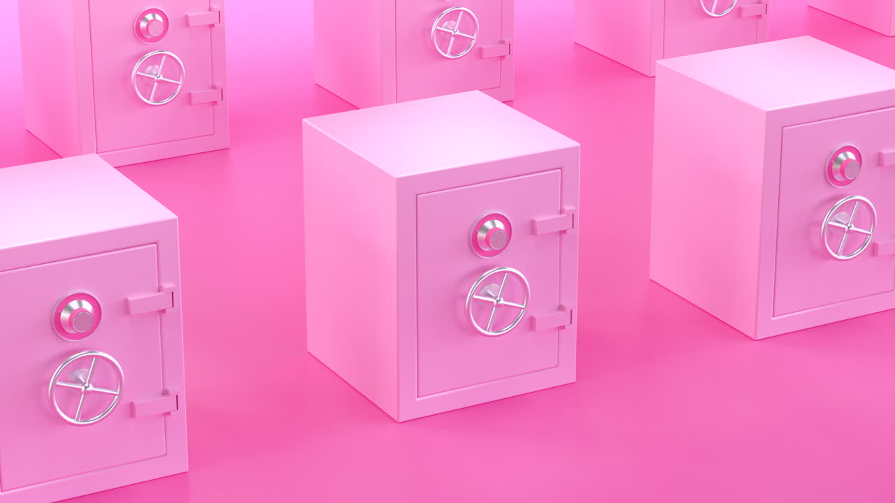 Many pink safe deposit boxes. Security and bank concept. 4K loop Animation.