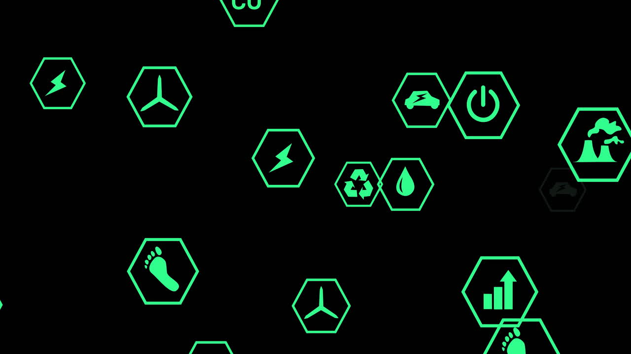 검은색 배경에 떨어지는 생태학 아이콘의 애니메이션