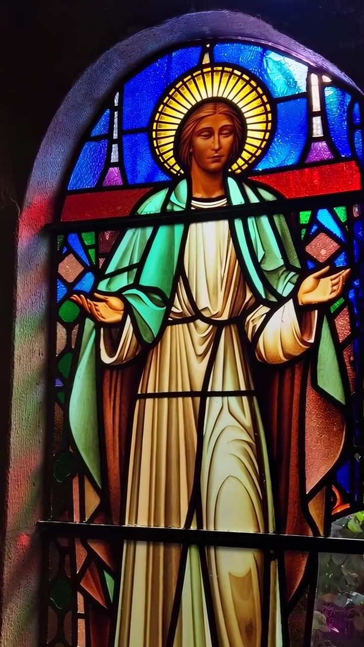 Ventana de vidrio pintado que representa a una figura religiosa
