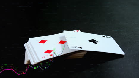 animation of financial data processing over playing cards on black background