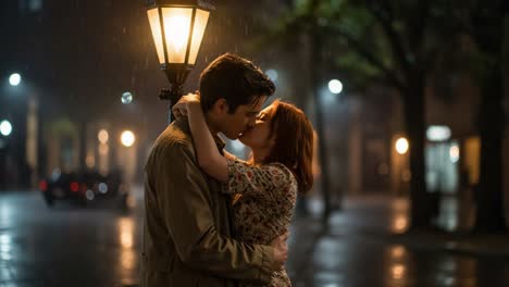 couple kissing under a street lamp in the rain