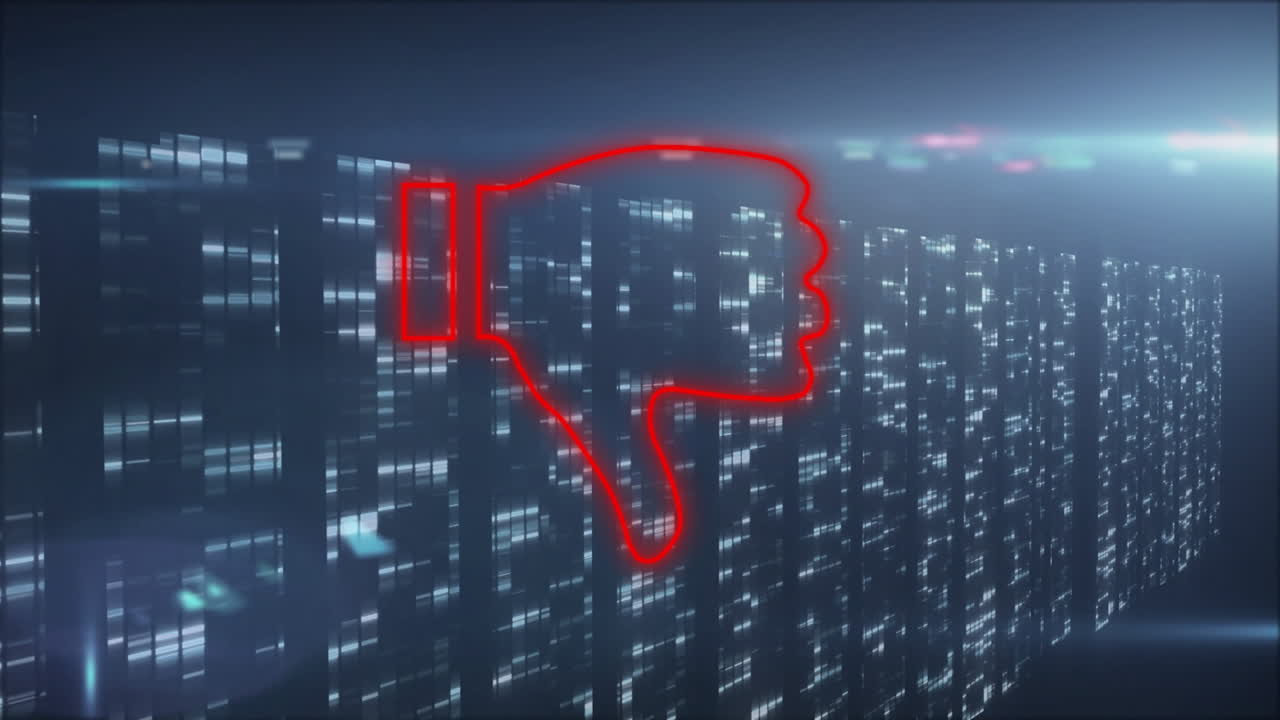 Glowing lights in futuristic cityscape with animation of thumbs down icon