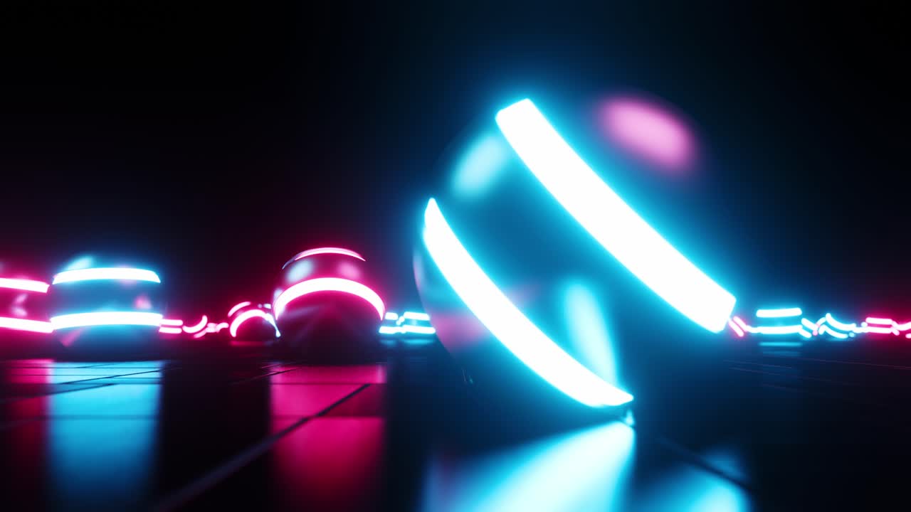 las bolas de neón rodan por el suelo brillante. animación en bucle infinito