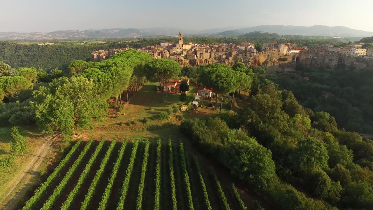 Una veduta aerea mostra coltivazioni fuori Pitigliano, Italia