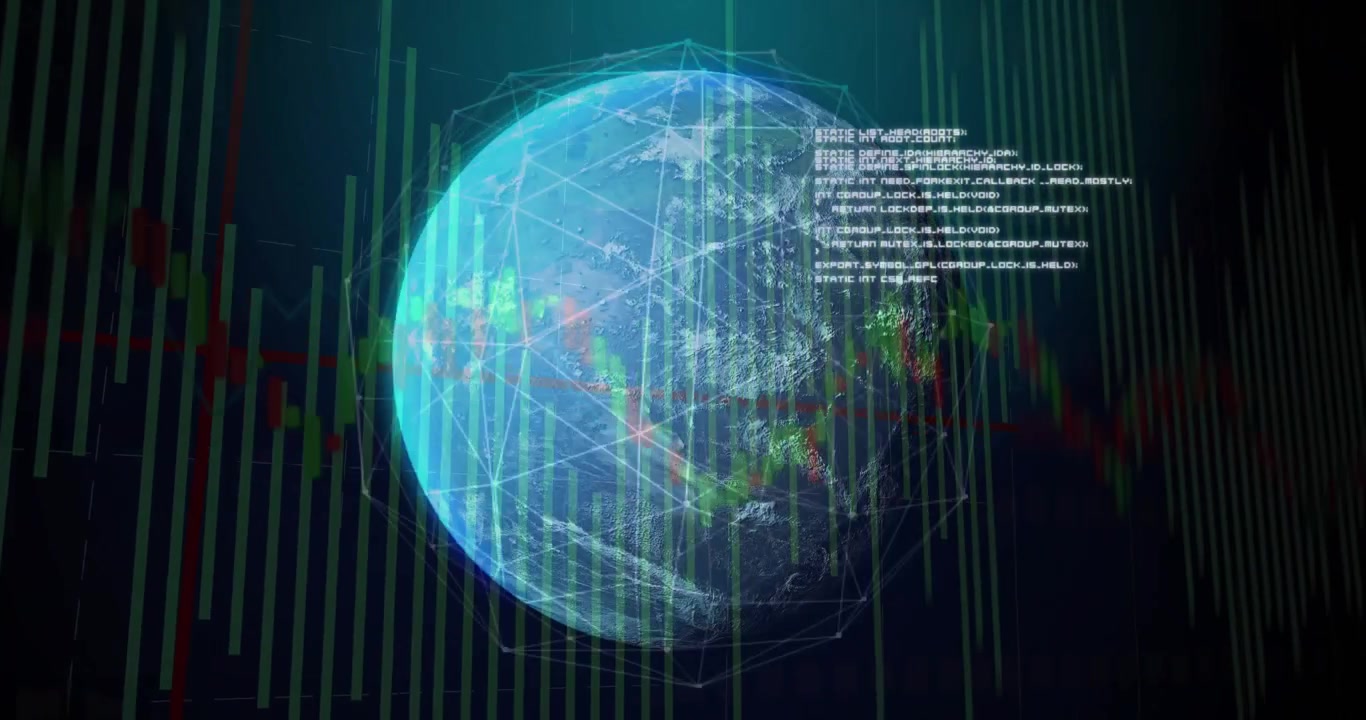 On digital dashboard boot globe rotating with network lines and scrolling code displaying data
