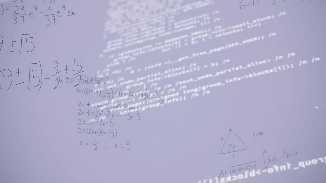 Animation of mathematical equations and data processing on white background