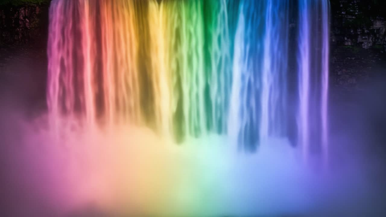 A Breathtaking Display of Nature: Waterfalls Transformed into a Spectacular Rainbow Cascade, Illuminating the Misty Surroundings with Vibrant Colors and Serene Beauty