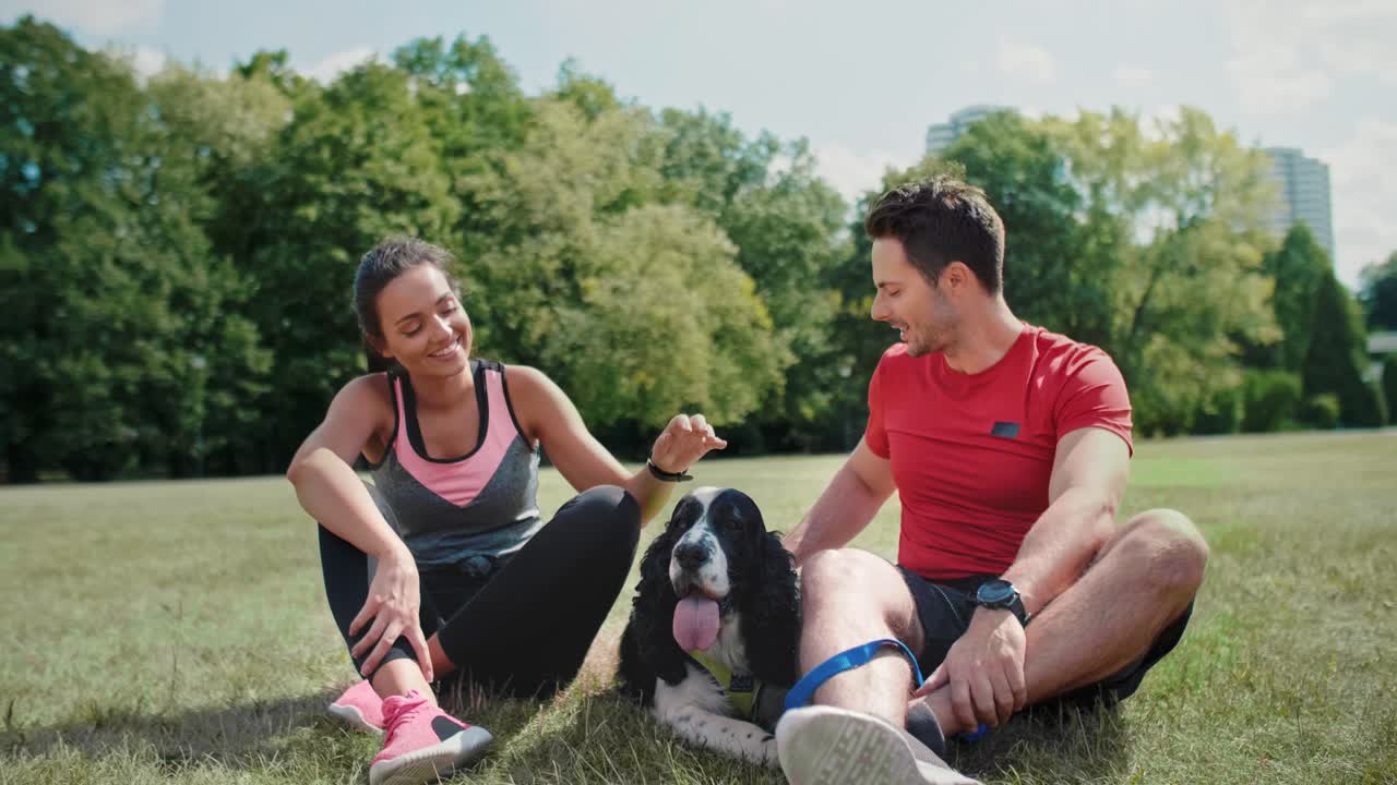 pareja y perro descansando después del entrenamiento en el aire fresco, katowice, polonia