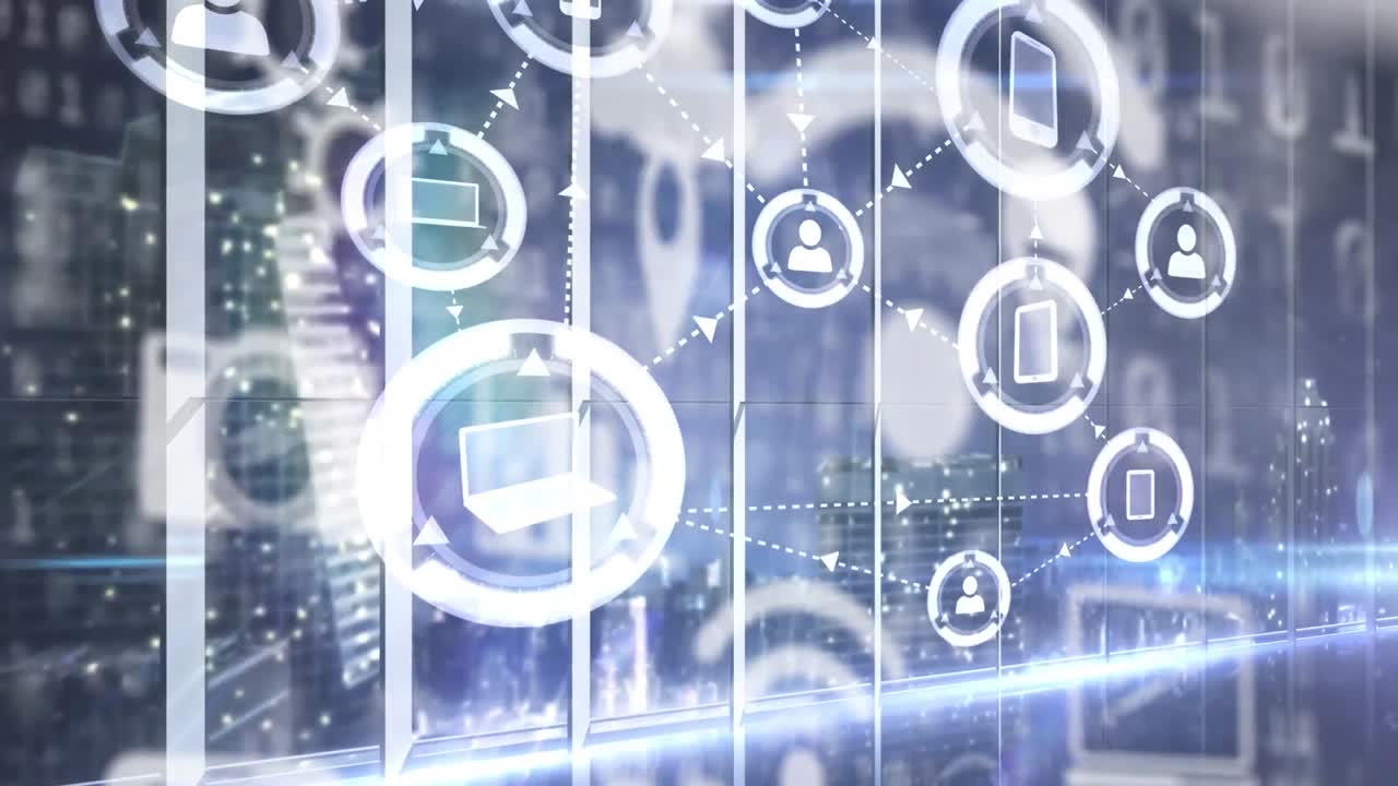 도시 풍경에서 이동하는 데이터와 정보로 연결된 기술 아이콘의 애니메이션