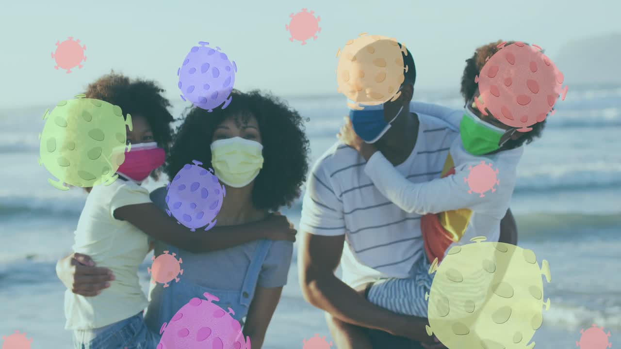 animación de células de virus sobre familia afroamericana con máscaras faciales en la playa soleada