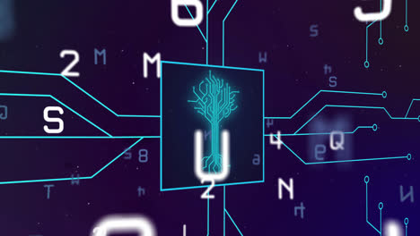 animación de un circuito integrado sobre números y letras en una pantalla digital