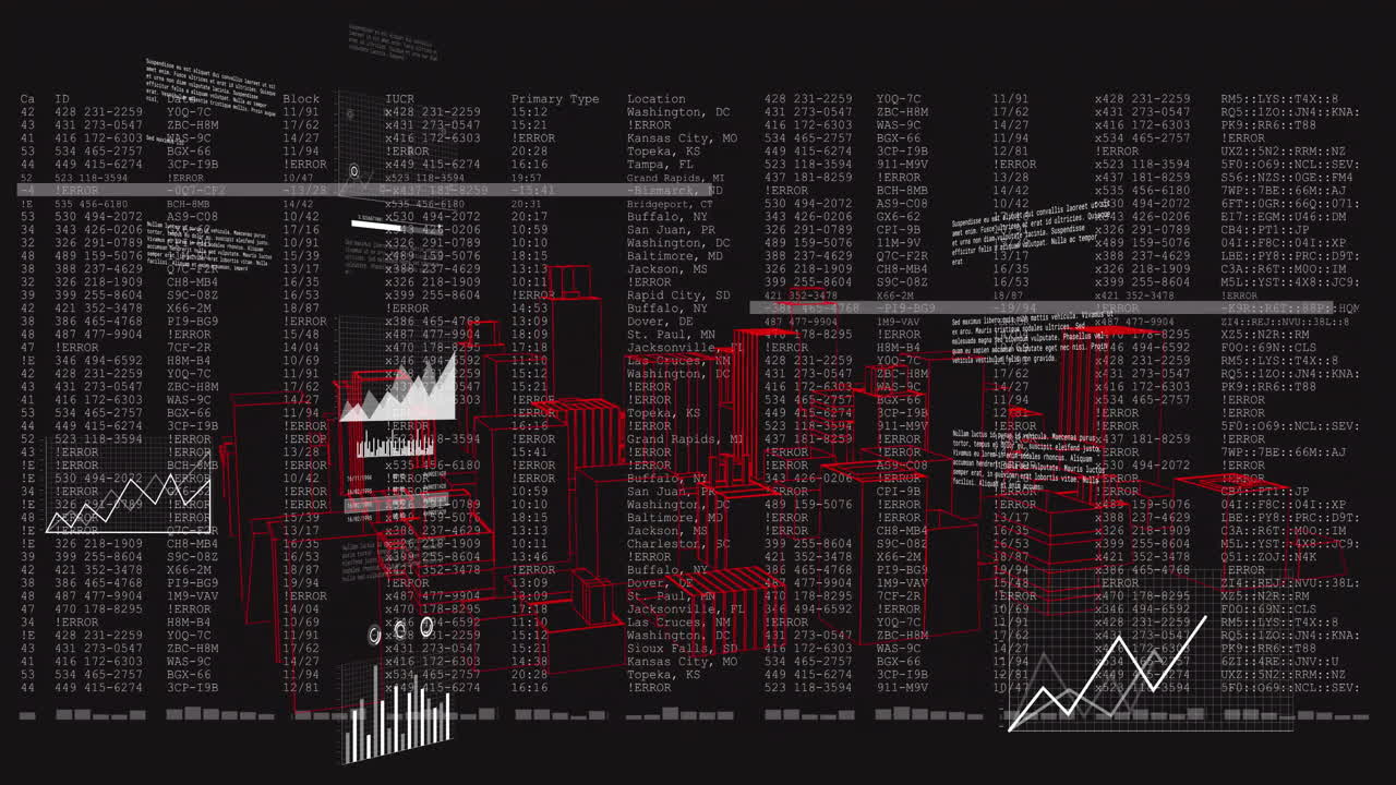 Cityscape with red and white animation of graphs and statistics data visualization