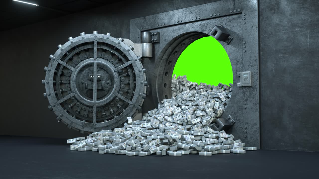 Opening of the vault door in bank with a lot of money on a green background
