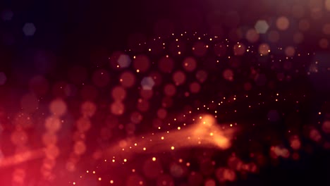 3d fondo rojo dorado con fantásticas partículas luminosas. animación 3d en bucle con profundidad de campo, efectos de luz. fondo digital moderno. líneas curvas 18