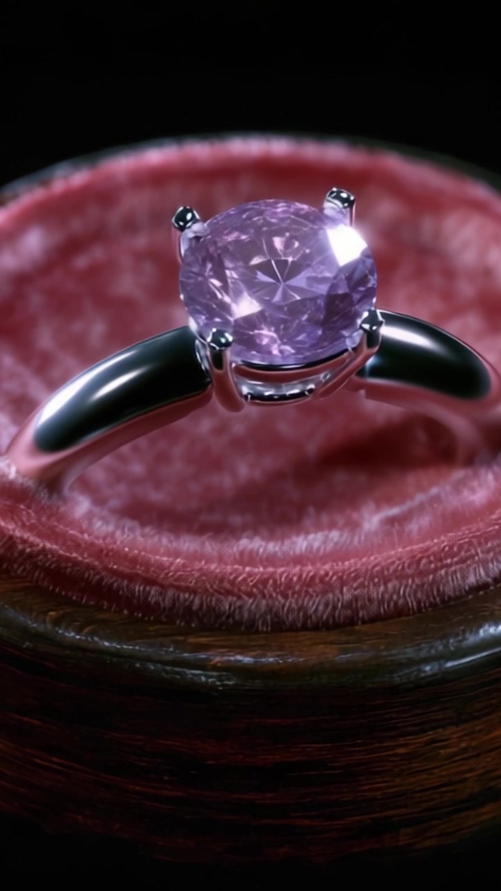 Primo piano mozzafiato di un anello con gemma viola scintillante su uno sfondo di tessuto lussuoso, che mostra un design elegante e una brillante maestria artigianale.
