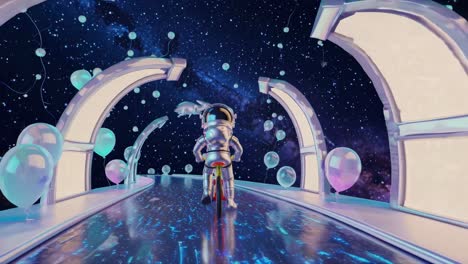 cute astronaut riding bike through a cosmic tunnel