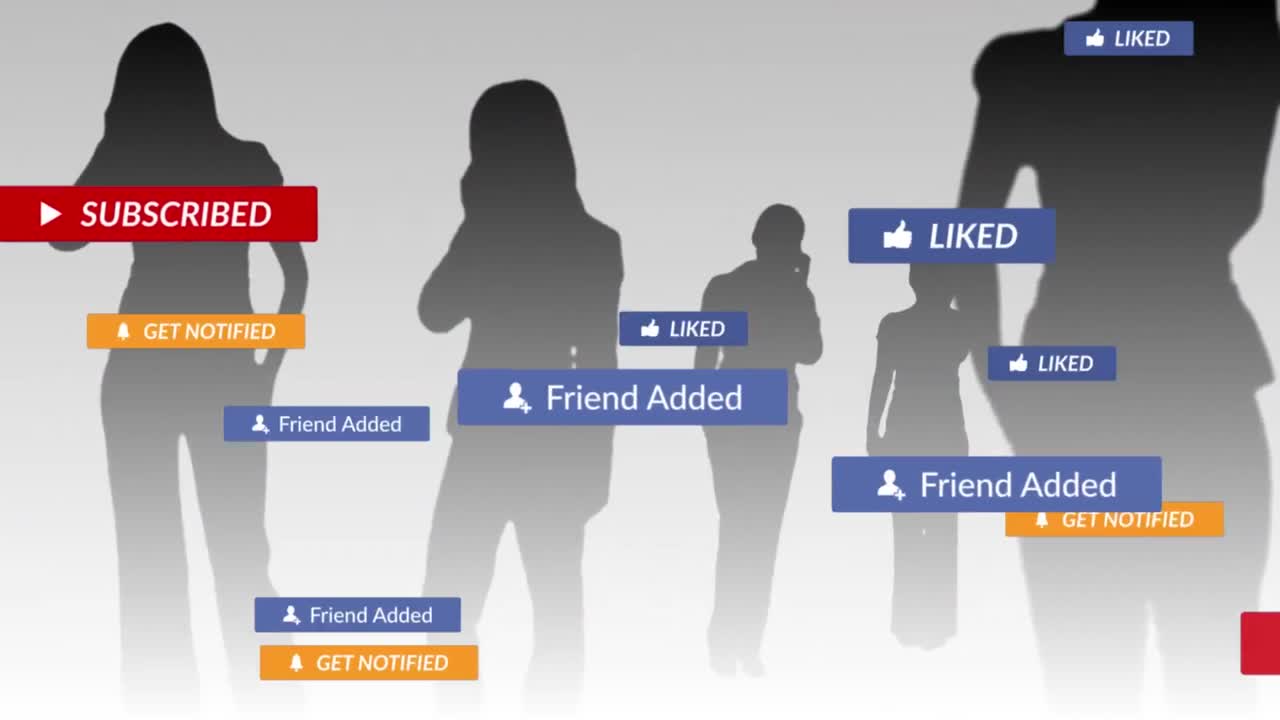 회색 배경에 있는 사람들의 실루 위에 소셜 미디어 텍스트의 애니메이션