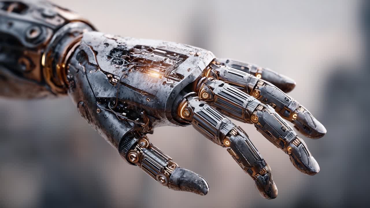 Close-Up Sequence of a Mechanical Hand Illustrating the Intricate Details and Advanced Technology of Robotic Engineering in a Futuristic Setting