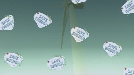 animation of save energy text with icons over wind turbines