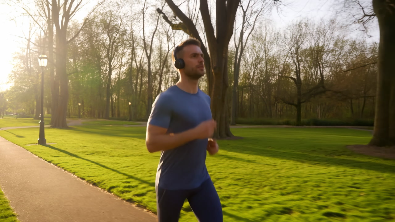 Male Jogger In Park At Sunrise Wearing Wireless Headphones, Running On Paved Path Between Tall Trees And Green