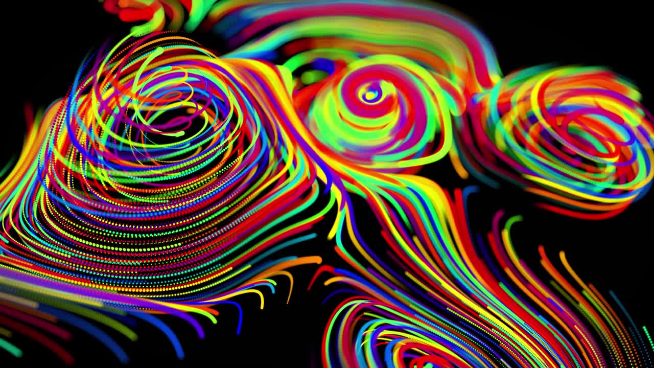el flujo de partículas forma líneas rizadas como rastros de brillo de diferentes colores, las líneas forman un patrón giratorio como ruido de rizado. abstracto 3d bucle de flujo de animación como fondo festivo creativo brillante