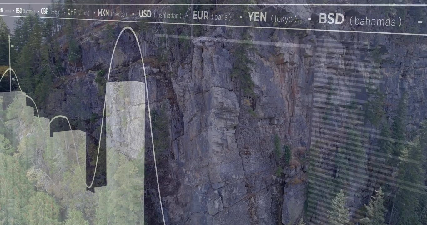 Thin trace line initiating HUD, overlay rising bars and tracing line showing FX trends over cliff