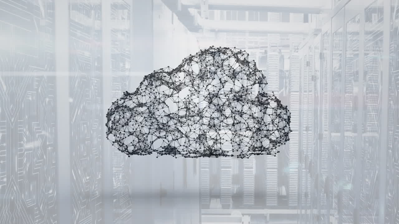 animación del icono de la nube y procesamiento de datos a través de servidores informáticos