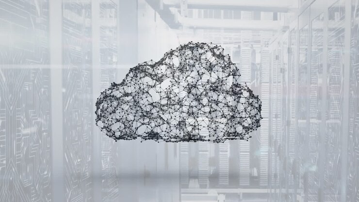 Animation of cloud icon and data processing over computer servers