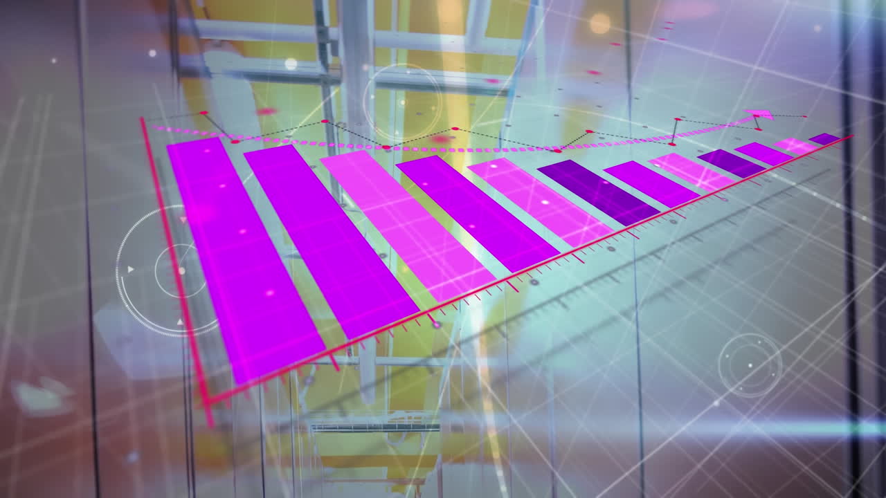 Animation of statistical data processing and network of connections against computer server room