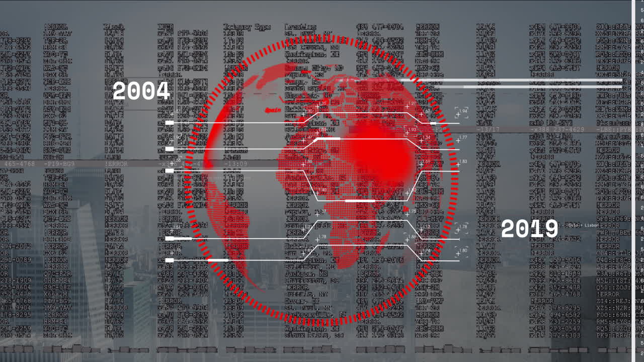 Red digital world map animation over binary code with years 2004 and 2019