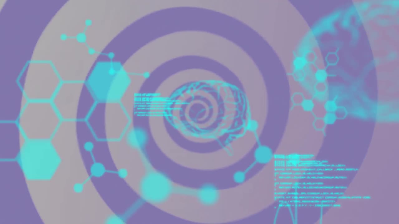 육각형의 네트워크의 애니메이션과 인간의 뇌가 보라색 줄무 위에 회전하는 과학적 데이터