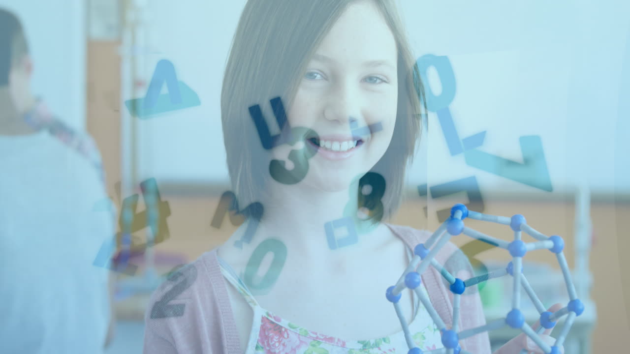 수업에서 모델과 함께 행복한 백인 여학생에 대한 숫자의 애니메이션