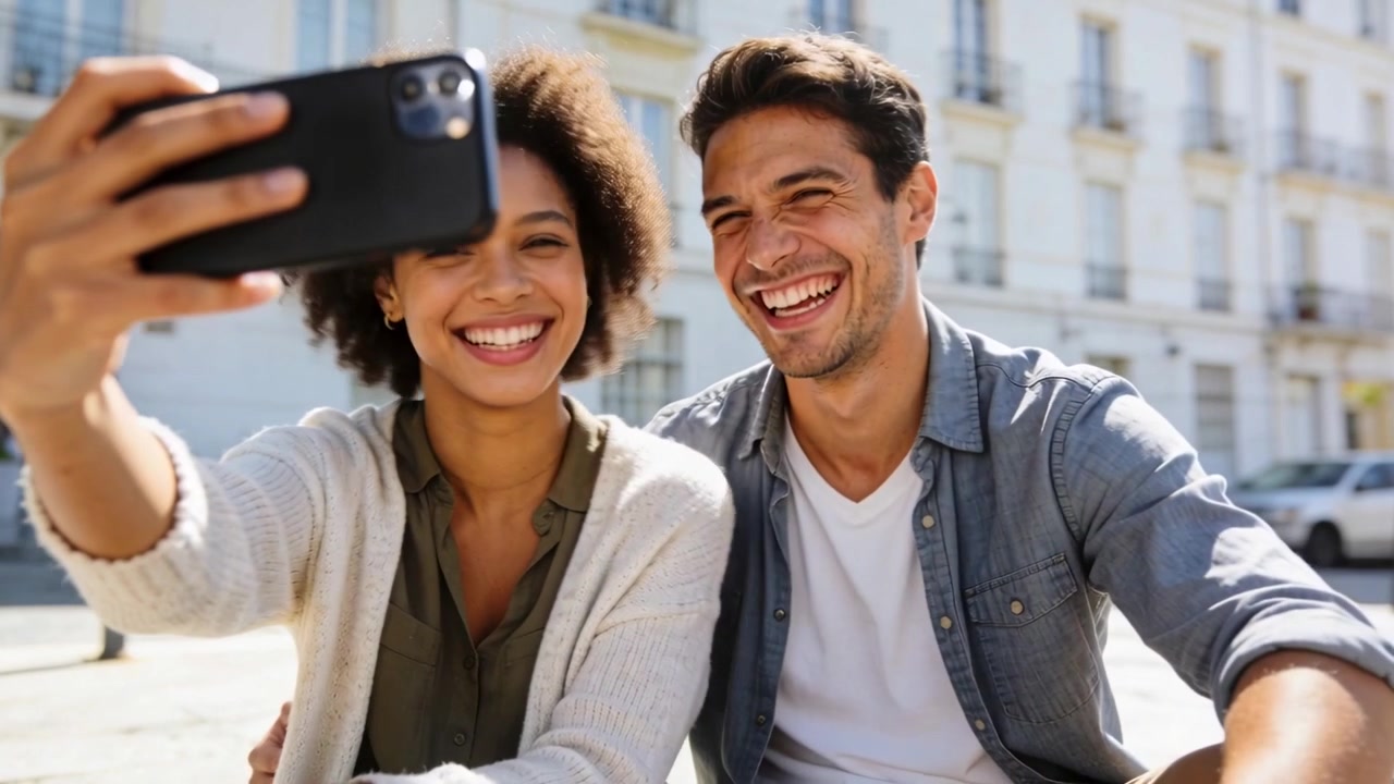Coppia con il telefono che si scatta un selfie su una panchina in strada, ridendo e posando durante un'uscita in abiti casual.