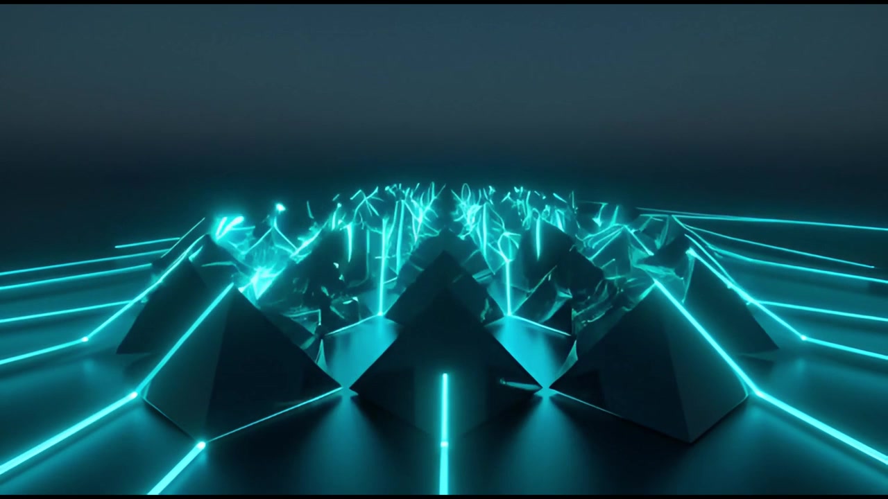 Abstract 3D Animation of Glowing Cyan Neon Lines Connecting Geometric Pyramids