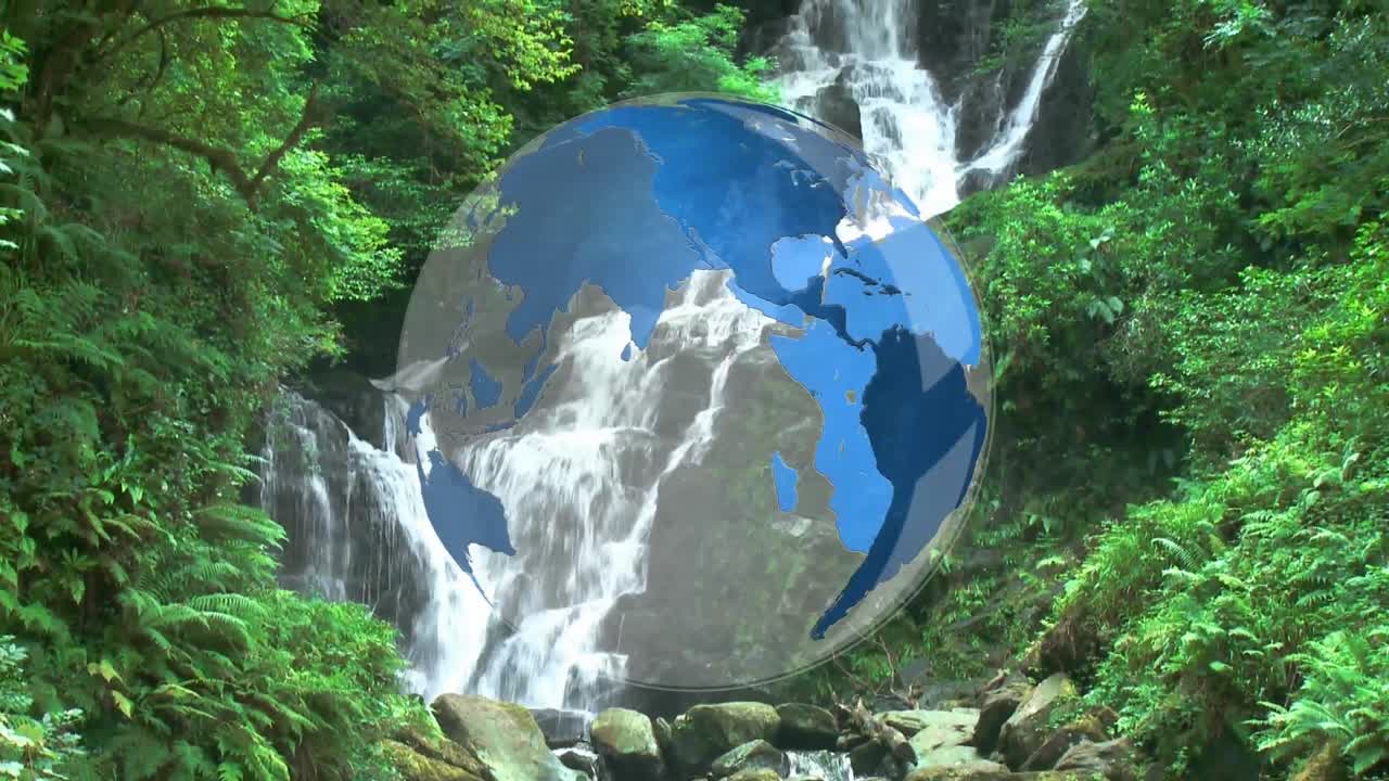 Rotating globe in front of water falls