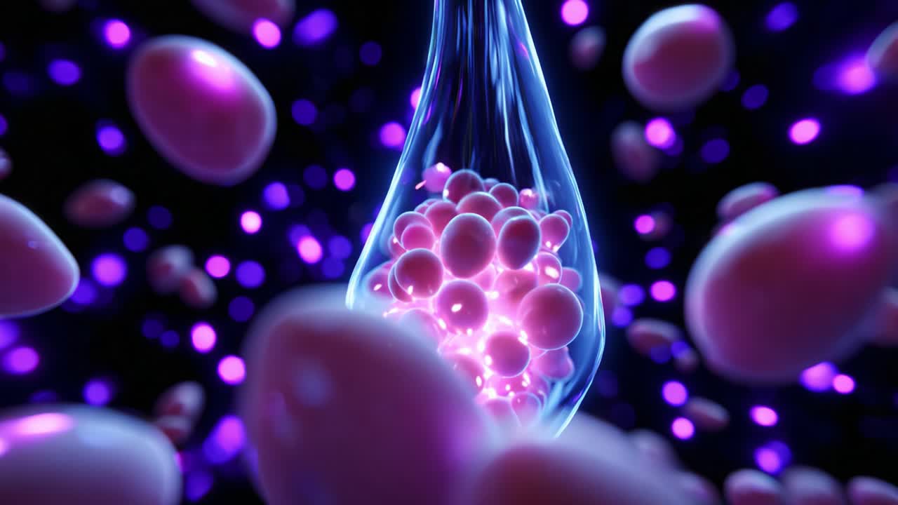 An Intriguing Visualization of Abstract Cellular Structures: A Glimpse into the Microcosmic World of Cells and Particles Set Against a Vibrant Purple Background, Showcasing Their Dynamic Interaction and Energy