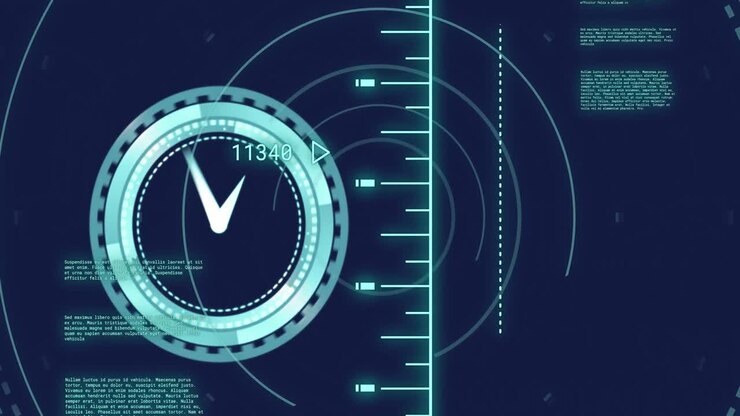 Animation of clock, data processing over network of connections