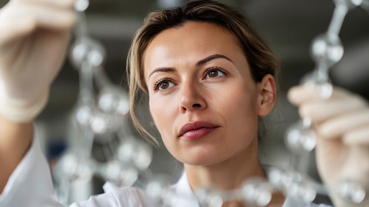 A focused woman in a laboratory setting carefully examines a molecular structure, showcasing the intersection of science and dedication while highlighting the importance of research and innovation in the field