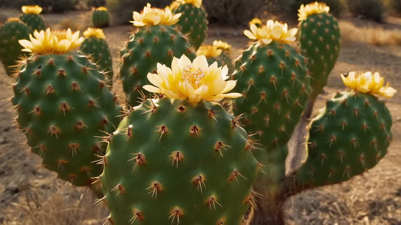 La camera si muove e si avvicina a una singola pala di cactus, rivelando la fioritura gialla e le areole nel deserto