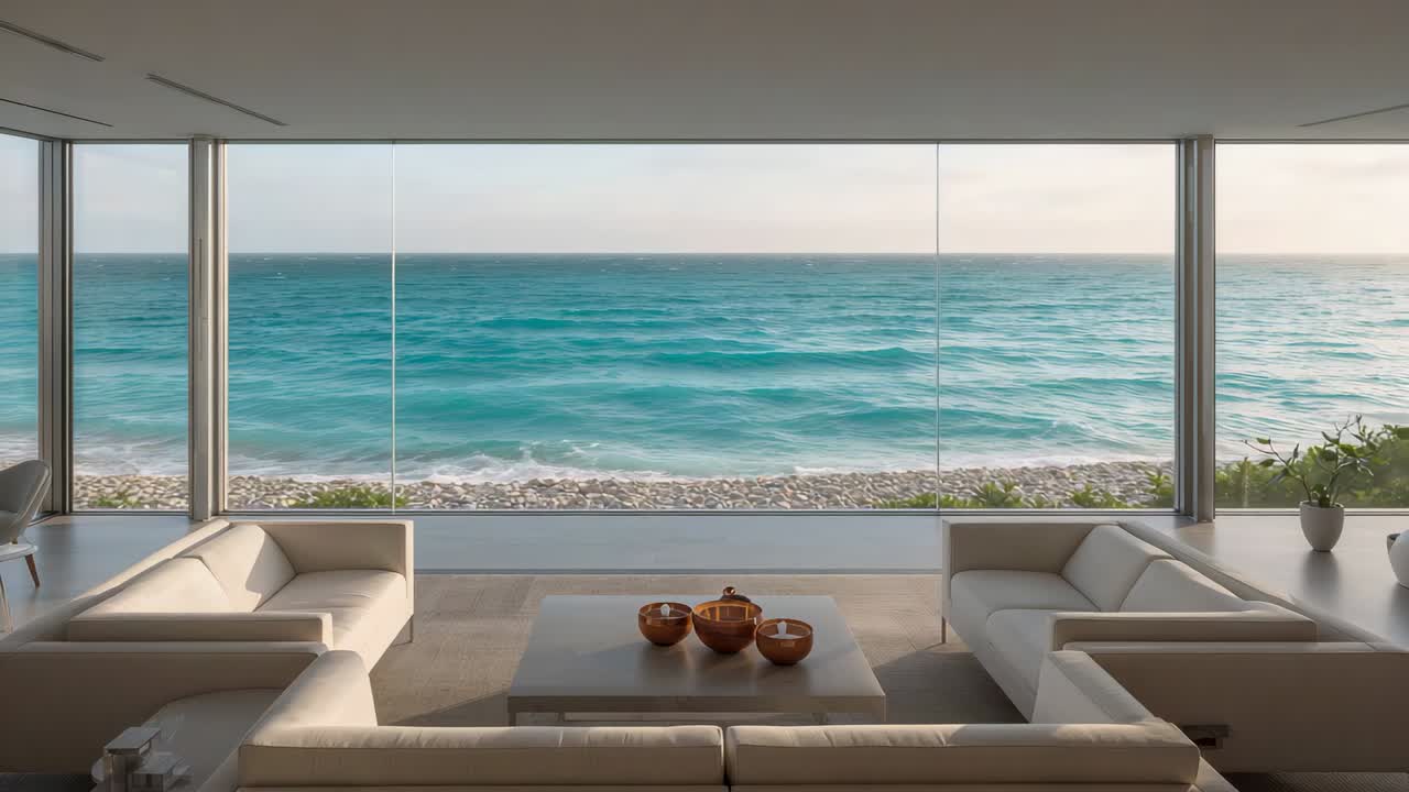 Pulling camera revealing seaside living room through glass wall to show three sofas and ocean view