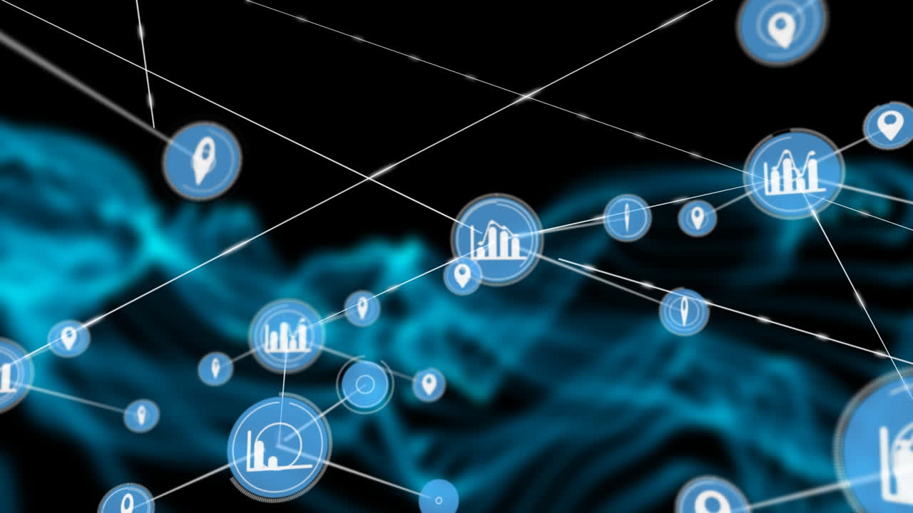 Animation of network of connections with icons over shapes on black background