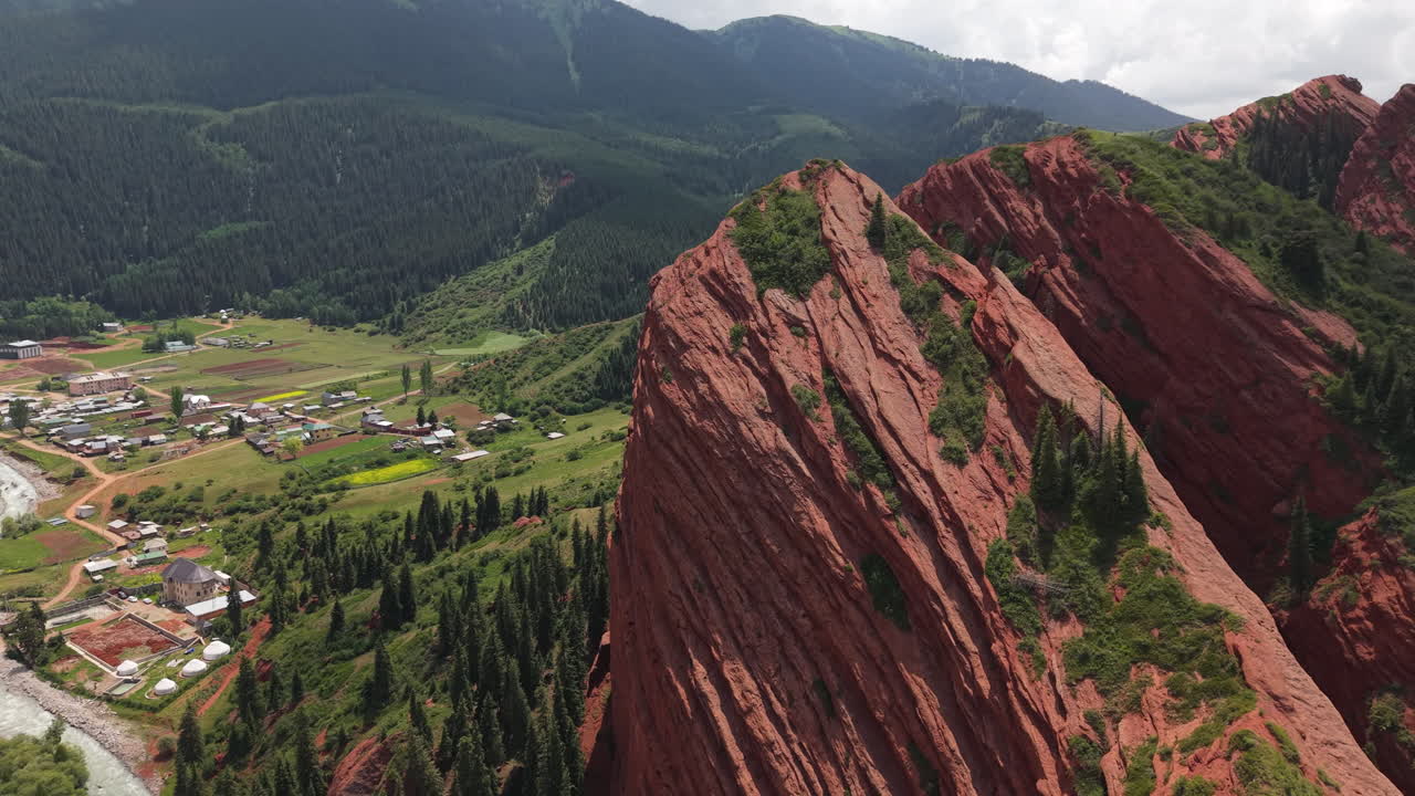 Jeti-Ögüz Rocks, Seven Bulls Rock Formation In Kyrgyzstan, Central Asia. Aerial Drone Shot