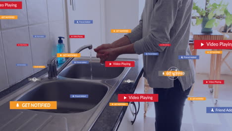 animation of social media icons with texts over caucasian woman washing hands