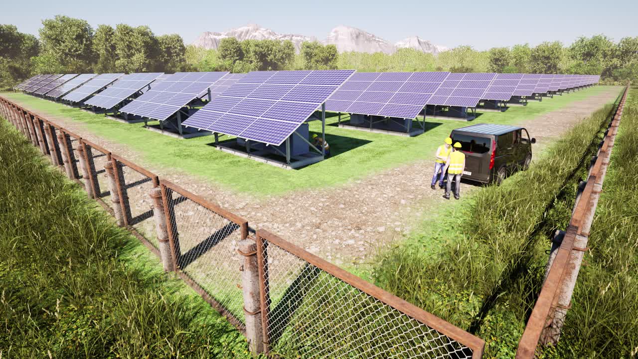 En solcellepark, solcellefarm, fotovoltaisk kraftværk med træer og bjerge i baggrunden, 3D-animation, animeret landskab, kamera kører op.