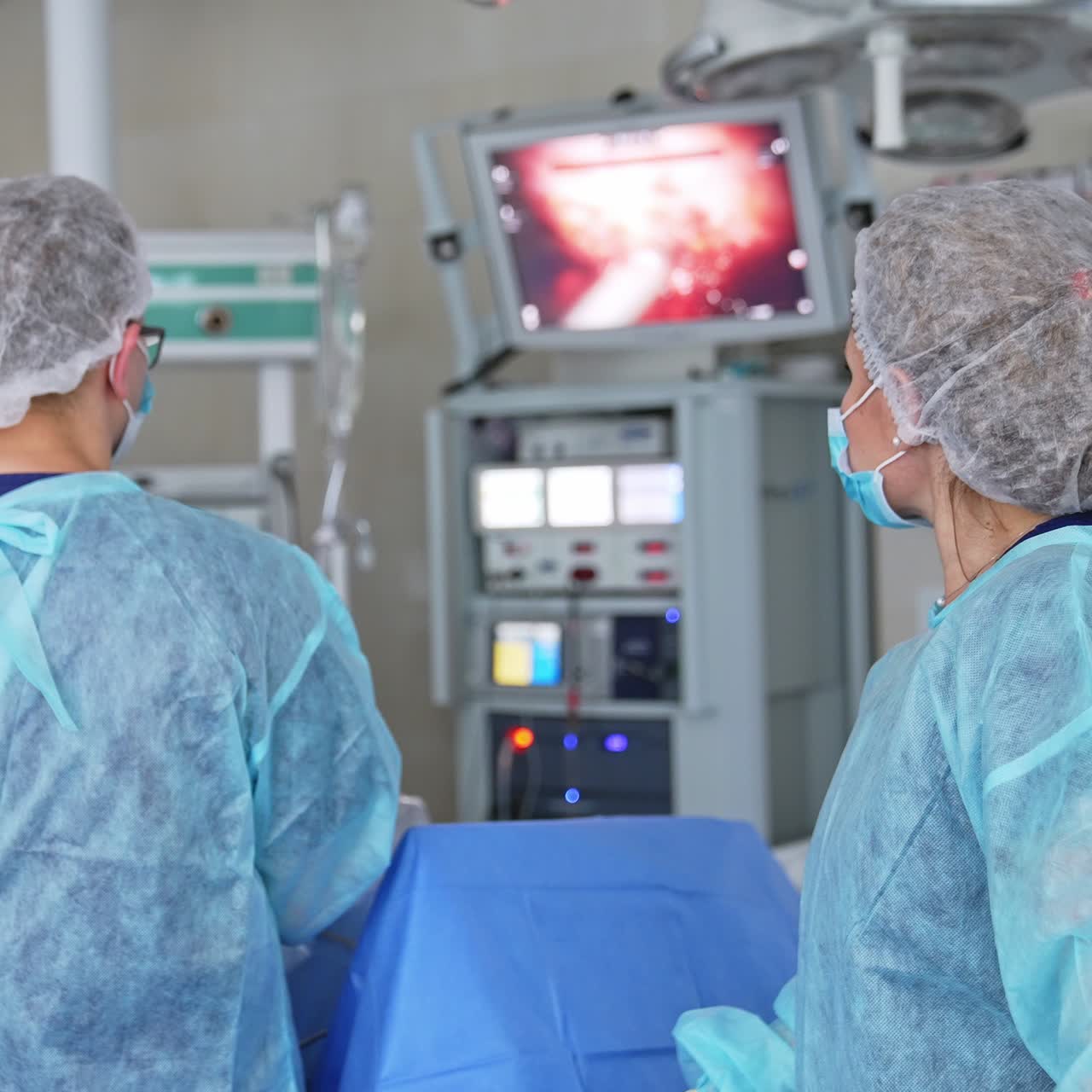 Professional surgeons perform the operation and look at the screen. Female nurse looks at another monitor at foreground
