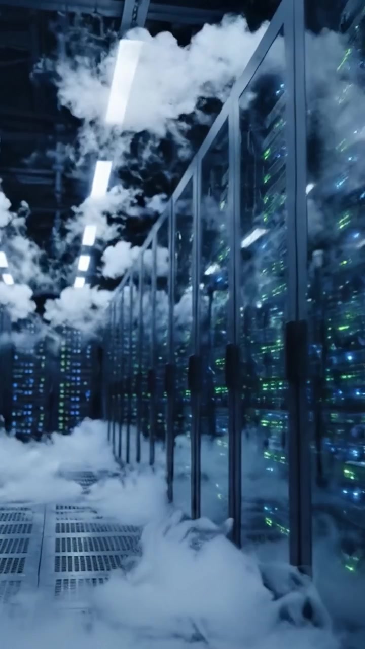 Et dramatisk indblik i et højteknologisk datacenter omgivet af tåge, der viser rækker af servere oplyst med farverige lys
