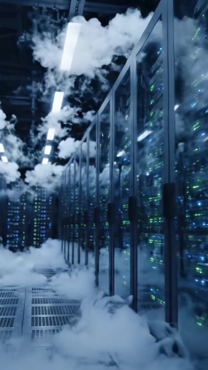Et dramatisk indblik i et højteknologisk datacenter omgivet af tåge, der viser rækker af servere oplyst med farverige lys